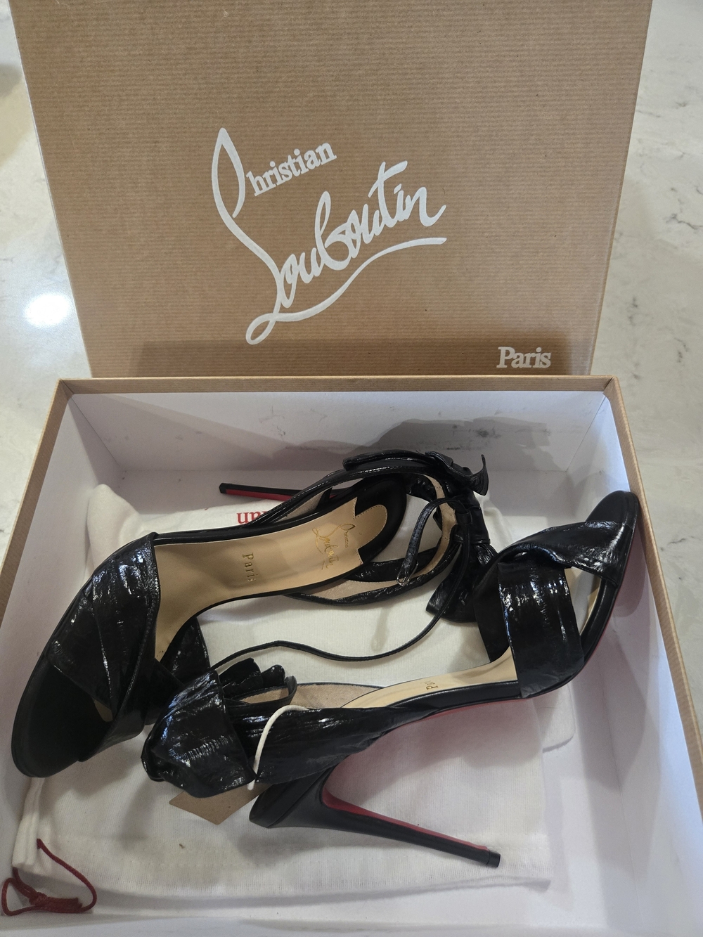 Christian Louboutin Black Leather Bow Ankle-Tie Heels 40 NIB!!! - Picture 2 of 16